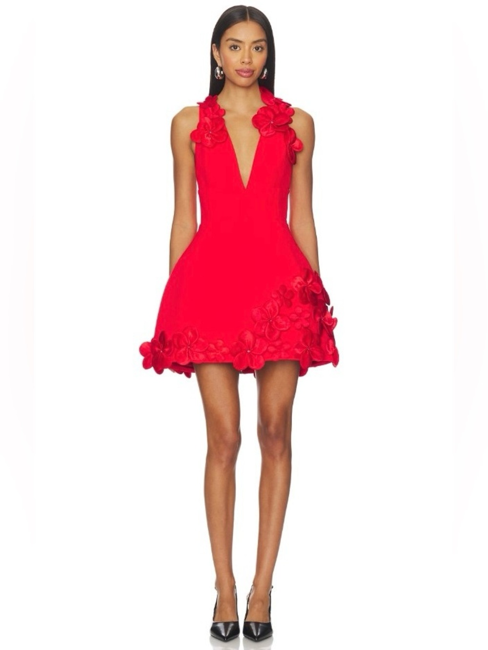 Bronx & Banco Red Estelle Flower Appliquéd Embellished Plunge Mini Dress NWOT